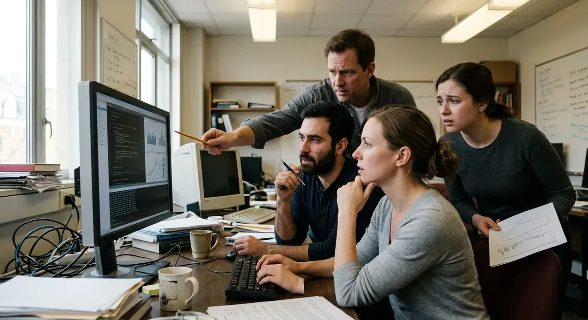Mathematicians discuss OpenAI's controversial Navier-Stokes proof, analyzing complex equations on a whiteboard.