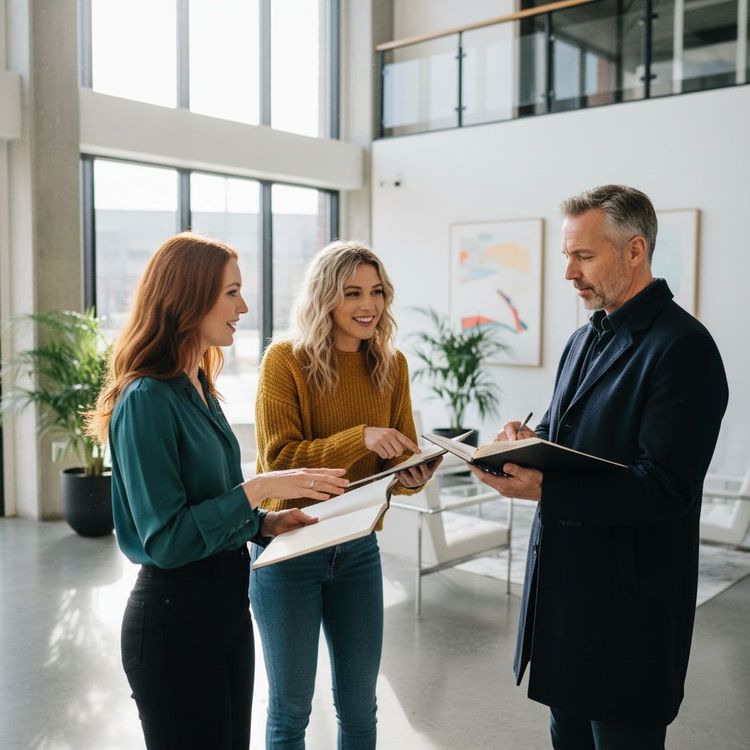 A thoughtful designer sits at a cluttered studio desk, scrolling on a laptop while holographic AI icons float over a sketchpad; paint tubes, a coff...