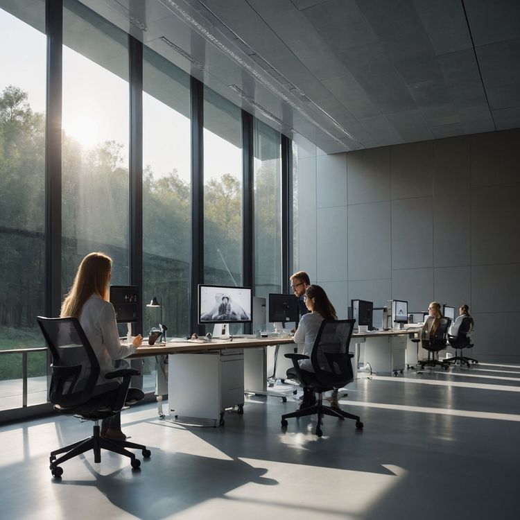 Modern AI research laboratory with professionals working at computer workstations