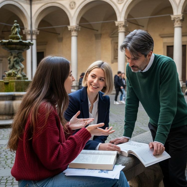 Italian university student smiles while using a laptop in a modern library, Gemini for Education banner visible