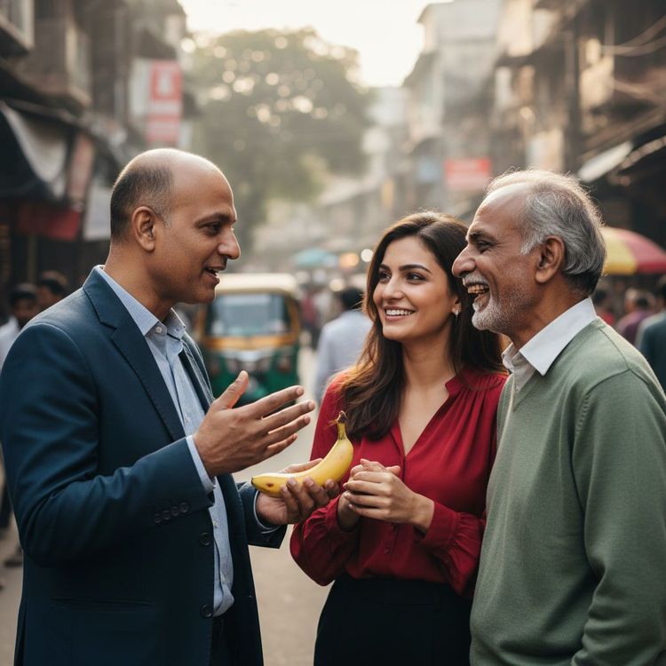 Mohit Pandey stands before a Nano Banana banner at a press conference, gesturing while reporters note his warning.