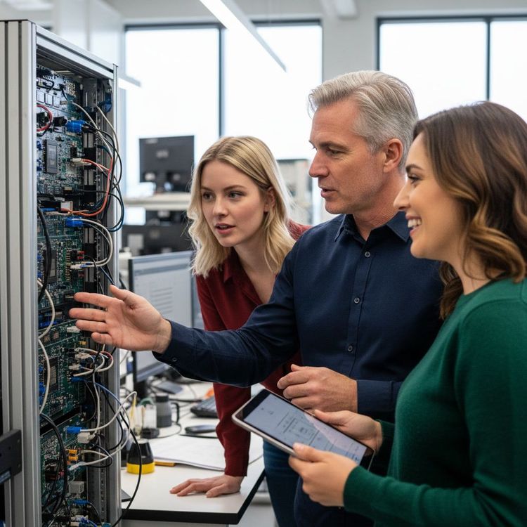 Engineers in a bright lab examine a silver Ironwood TPU board beside glowing server racks and data-center screens.