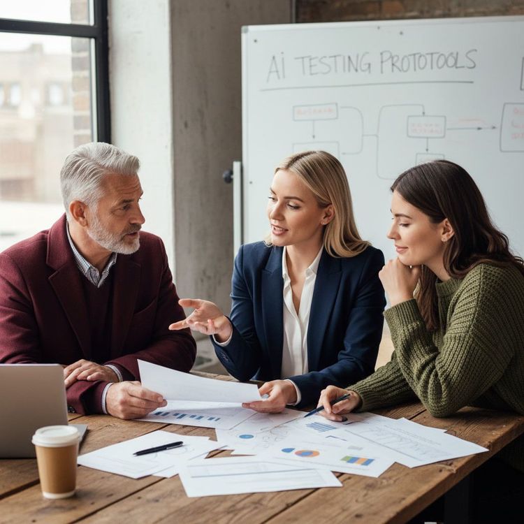 Scientists in a bright lab examine a laptop displaying the Gemini logo and SynthID waveform analysis screens.
