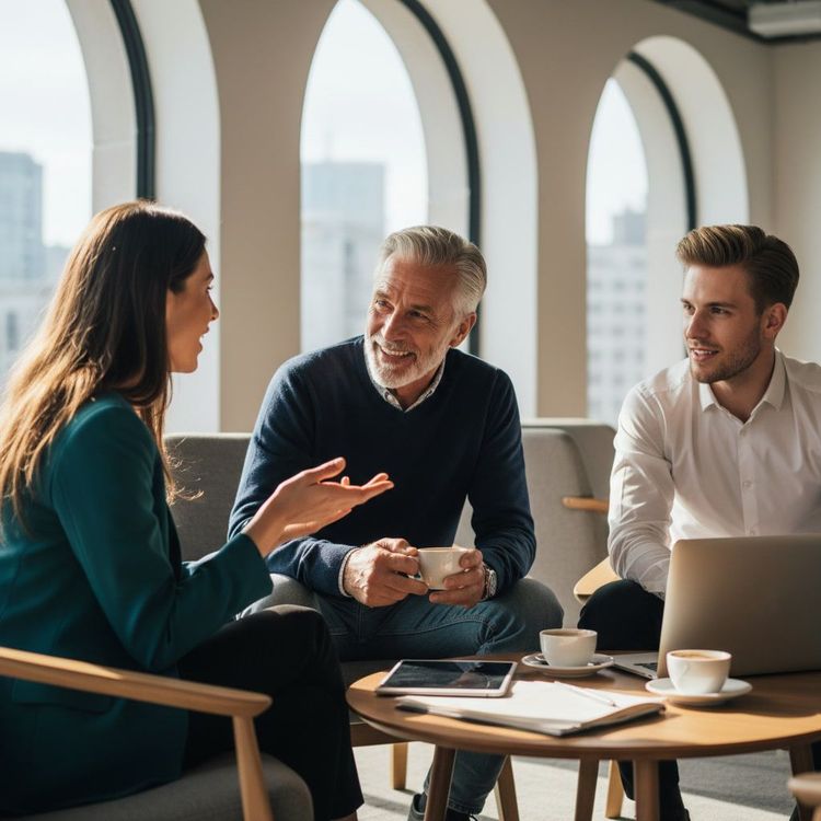 Influencer in a studio, camera gear around, watches an AI hologram projecting social-media stats on a laptop.