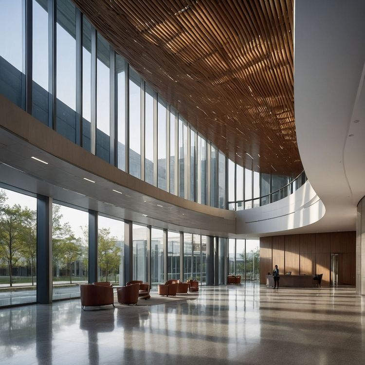 Modern corporate office building lobby with clean minimalist professional design