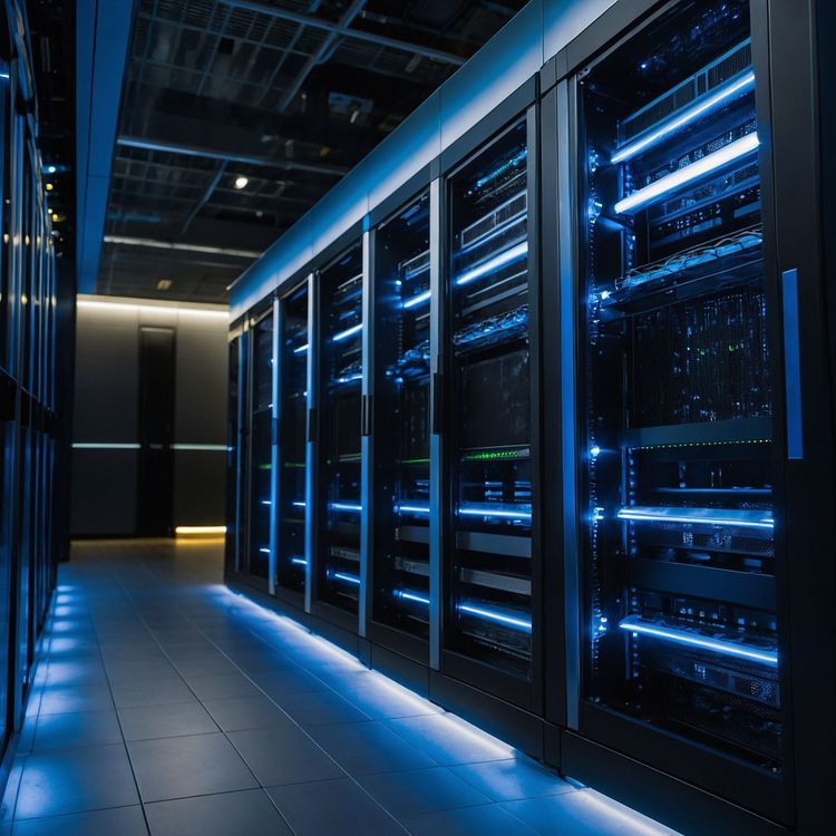 High-performance data center with modern server racks and blue LED lighting