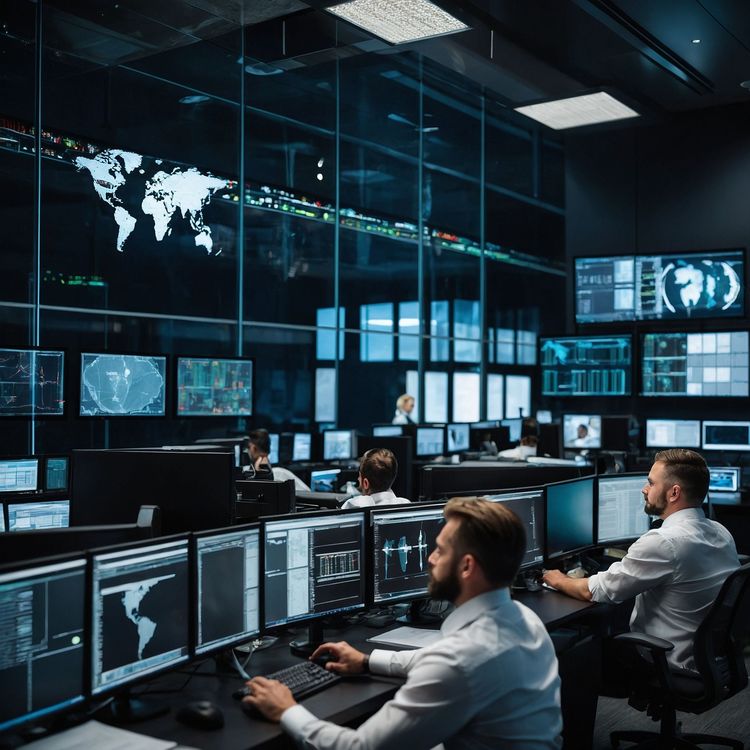 Modern cybersecurity operations center with security analysts at monitoring workstations