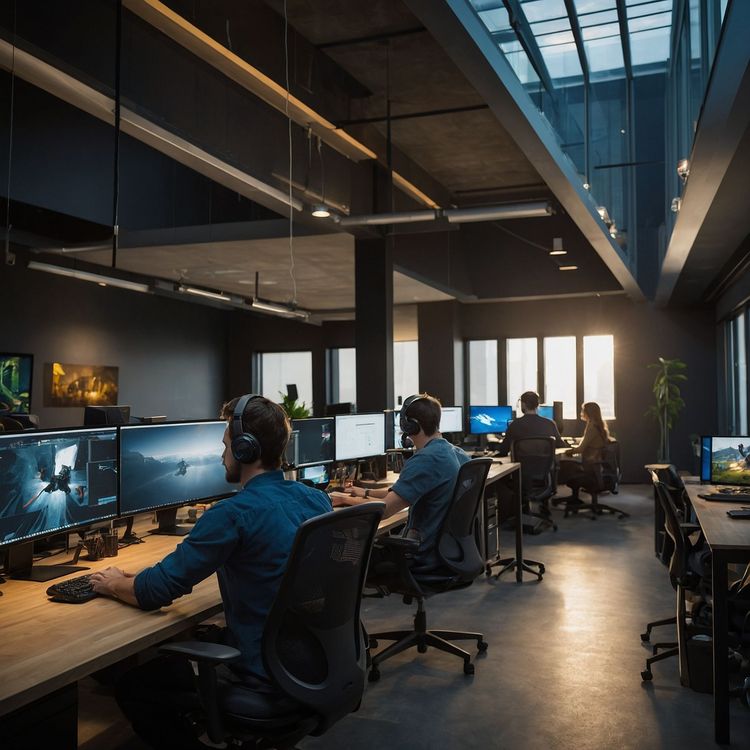 Modern gaming studio office with tech professionals at workstations