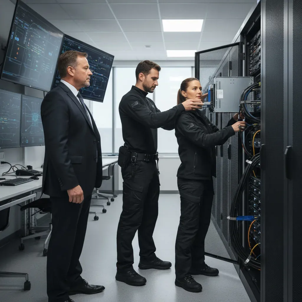 Microsoft data center with AI icons, high‑voltage power lines and a stressed grid map highlighting rising electricity demand.