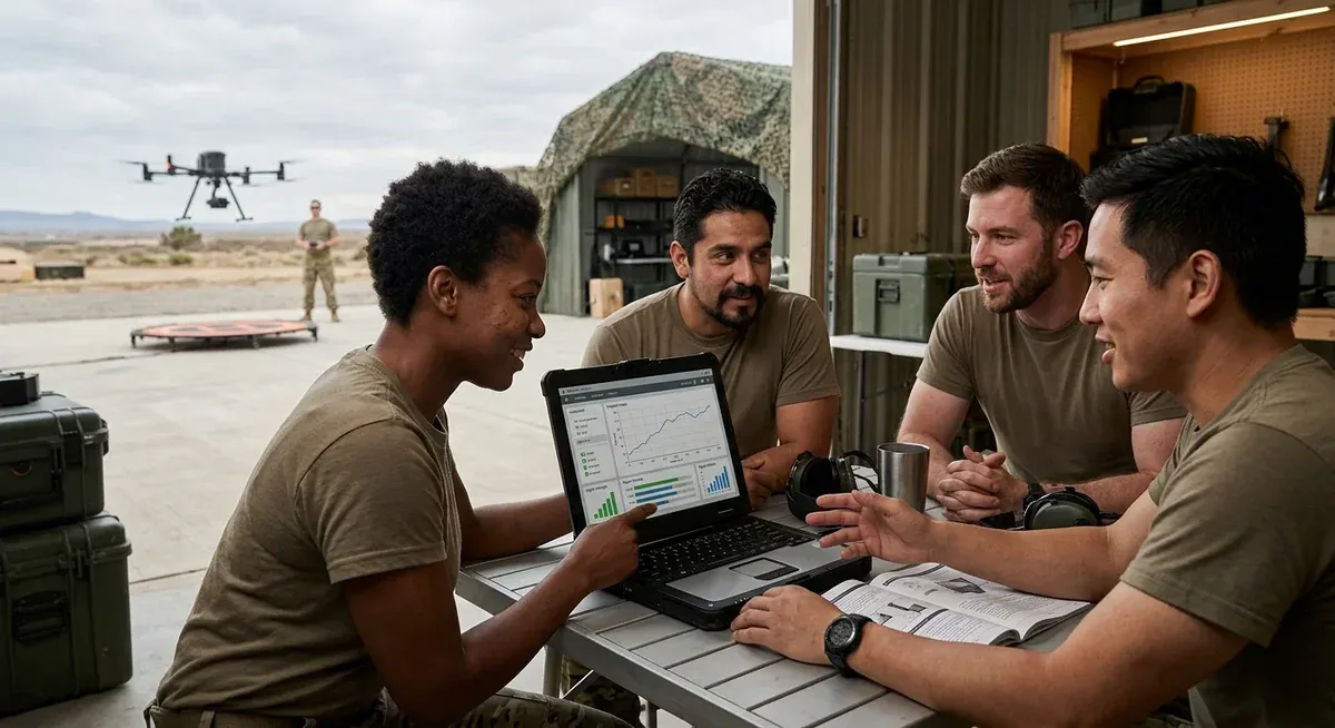 NATO soldiers observe a drone targeting system on a laptop, testing small AI models for autonomous drone operations.