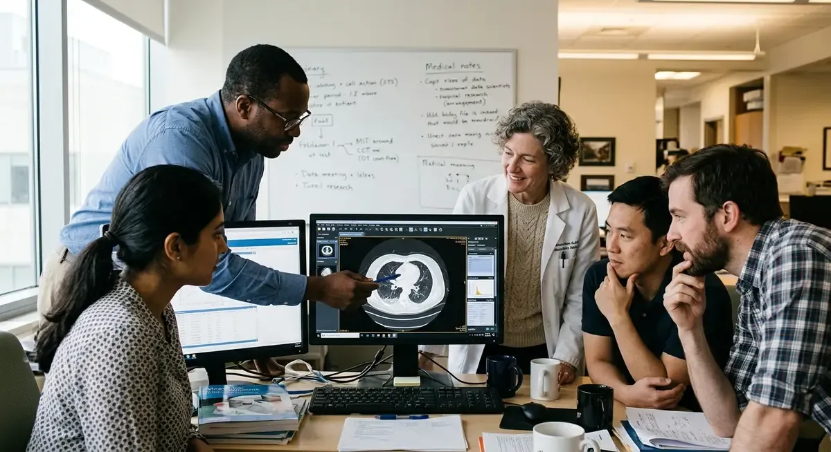 Radiologists analyzing CT scans with new AI software on computer screens, validating its diagnostic accuracy.