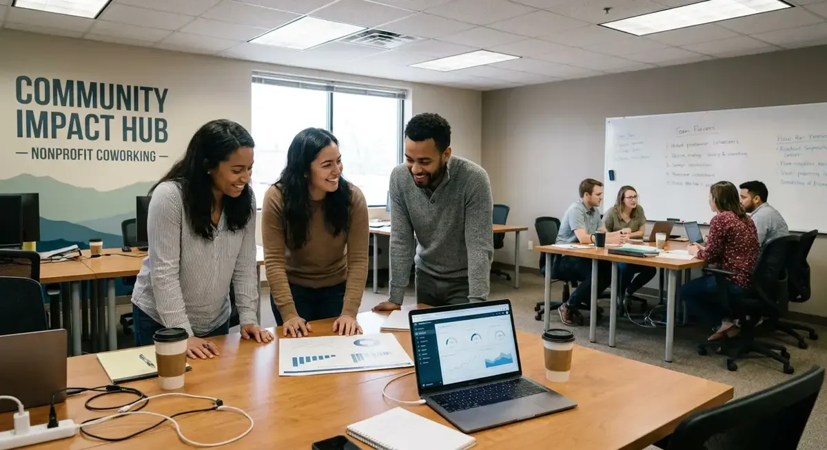 Woman in a meeting, gesturing, discussing nonprofit independence from AI funding.