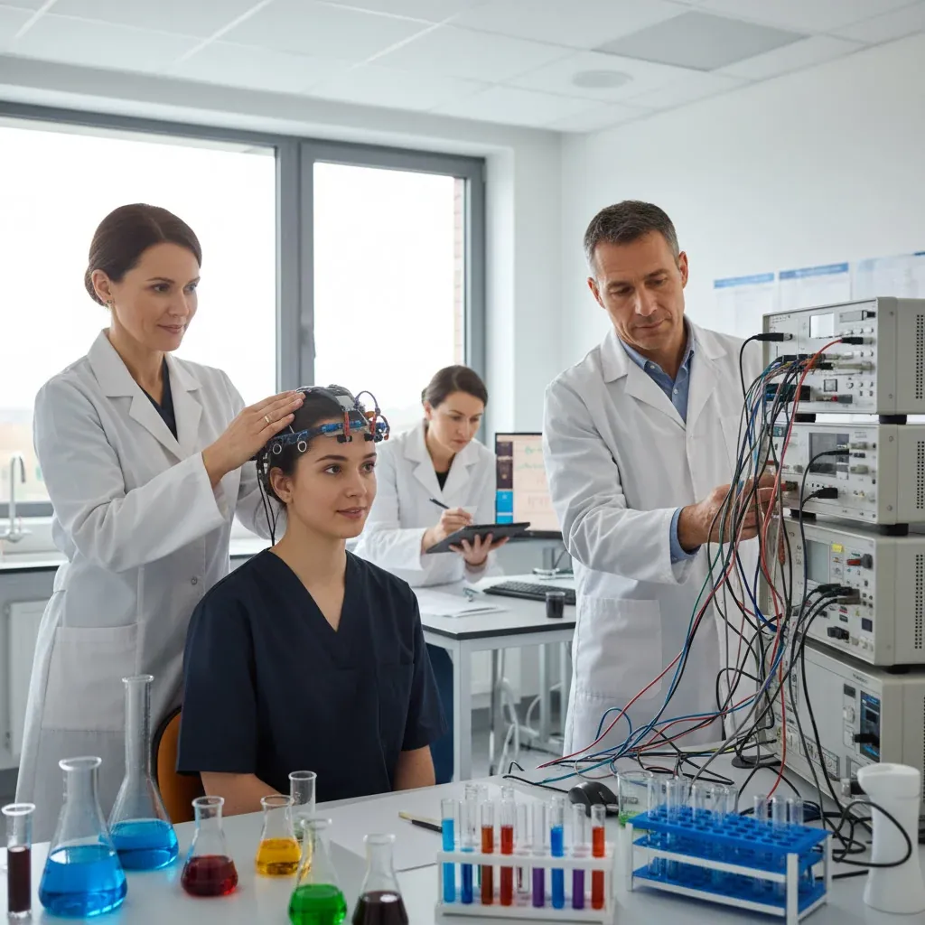 Researchers in a modern lab wearing EEG caps examine brain‑computer interface hardware; OpenAI and Merge Labs logos displayed