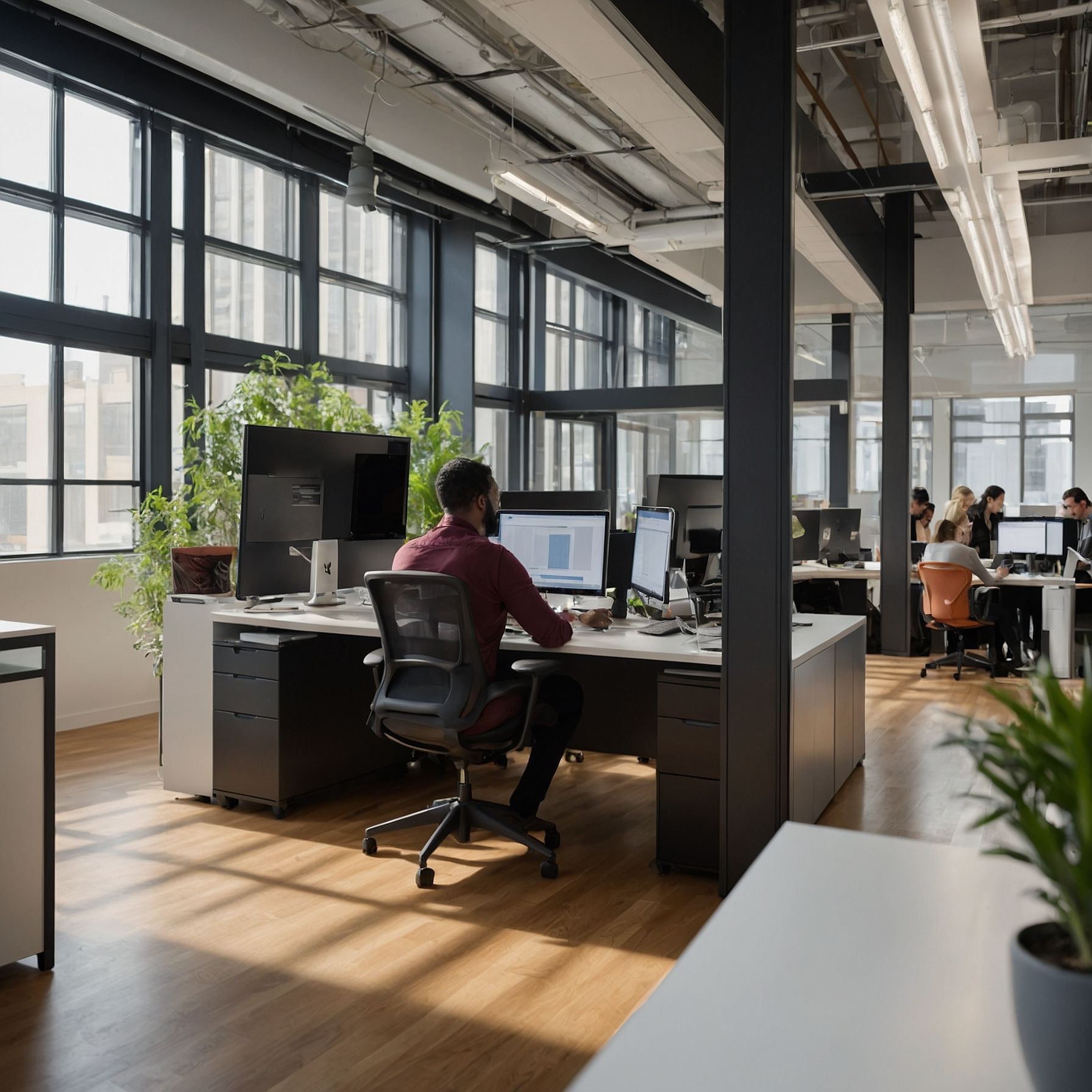 Professional tech office with diverse professionals collaborating at modern workstations