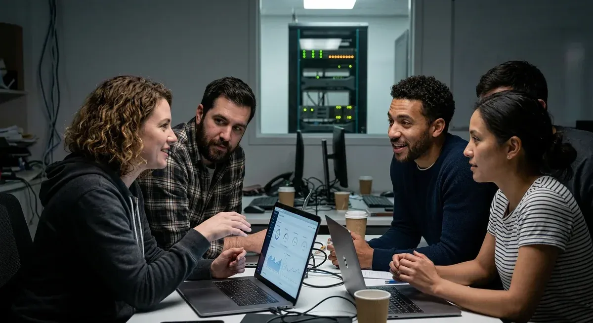 Team collaborating on AI code, multiple hands on keyboards, screens displaying OpenClaw 2.0 interface.