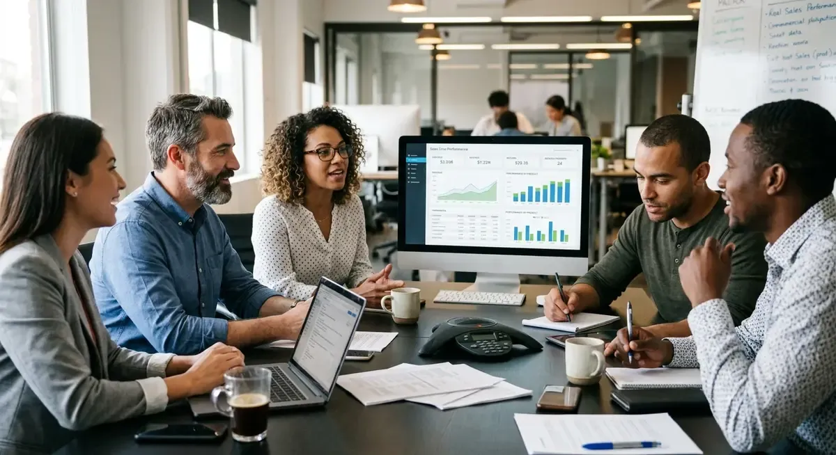 AI-powered books revenue: a diverse team collaborates, analyzing data on laptops and a large screen, celebrating success.
