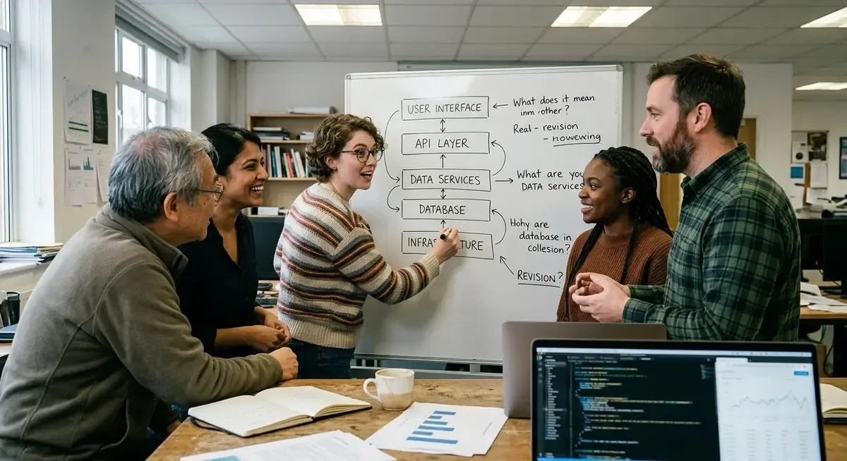Qwen team members, including a woman presenting, discuss AI model optimization, reducing training compute by 89%.