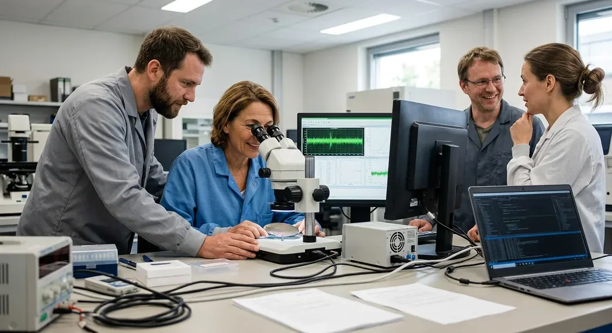 Researcher examining AI chip, symbolizing the growth of five to ten new AI chip startups annually.