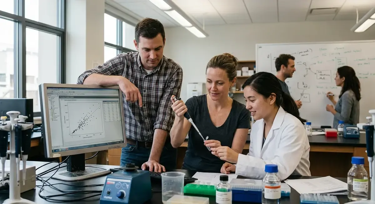 Researchers analyze complex data on a screen, symbolizing universal AI spanning physics, biology, and diverse sciences.