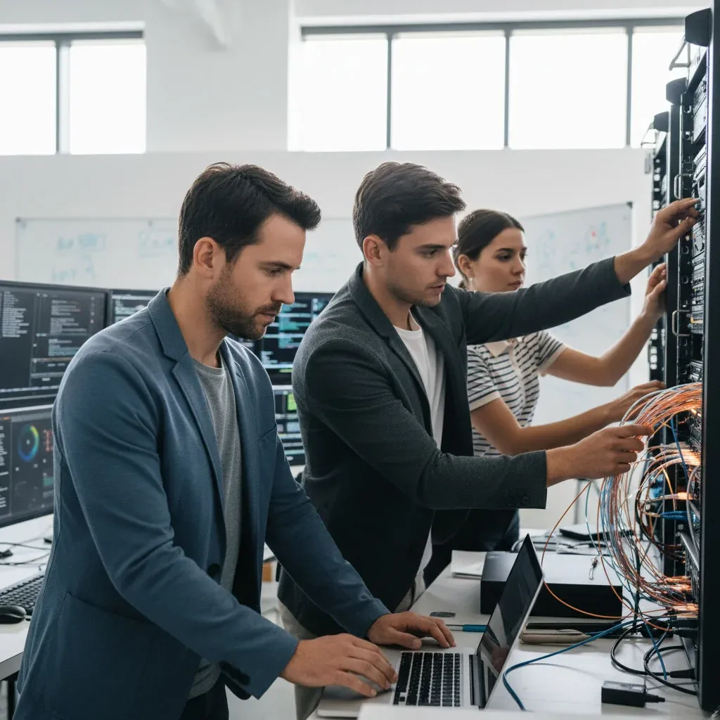 Researchers in a lab discuss a prompt trick, pointing at a screen showing AI accuracy rising 76% in a data chart.