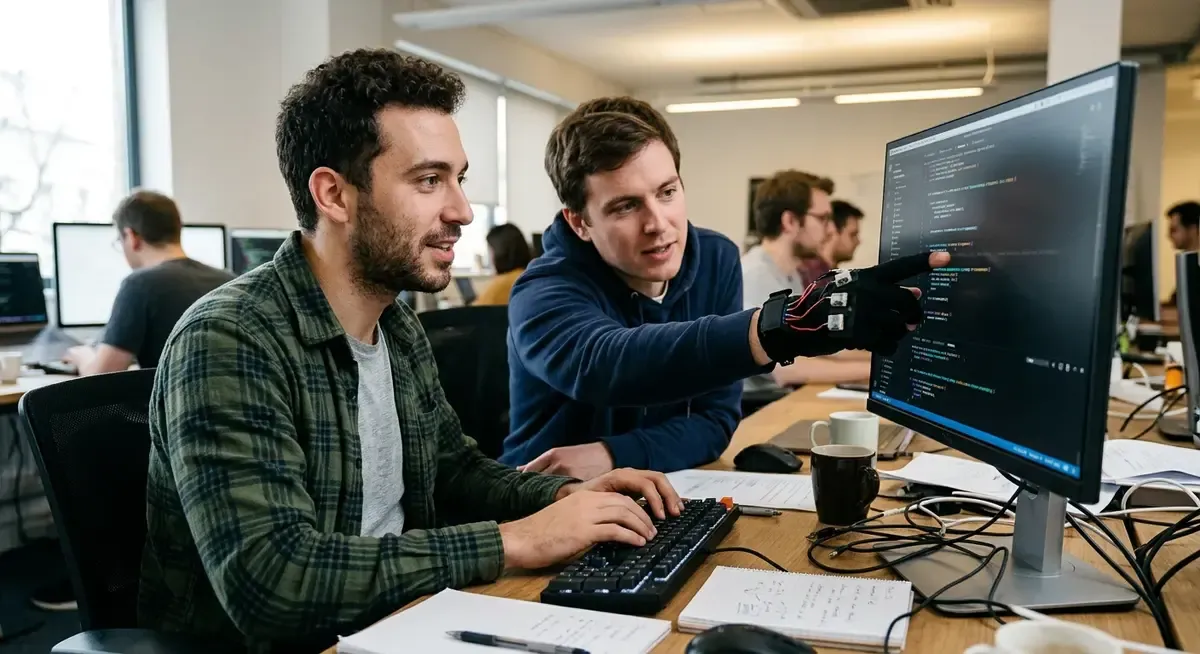 OM-1 robot arm, trained with human wearable data, precisely manipulates objects in a lab, showcasing AI policy.