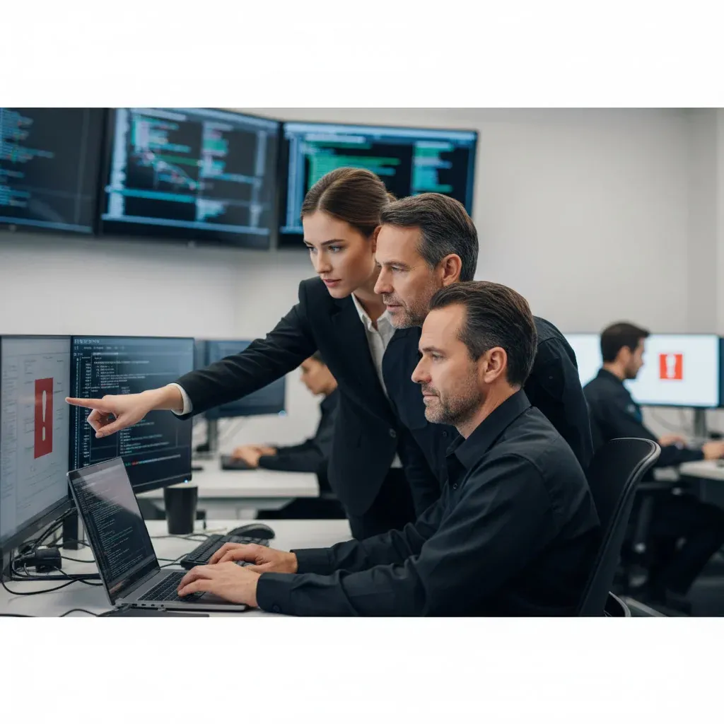 Editorial photo of Riemer speaking at a tech panel, with AI code graphics and a shield icon showing 11 security threats.