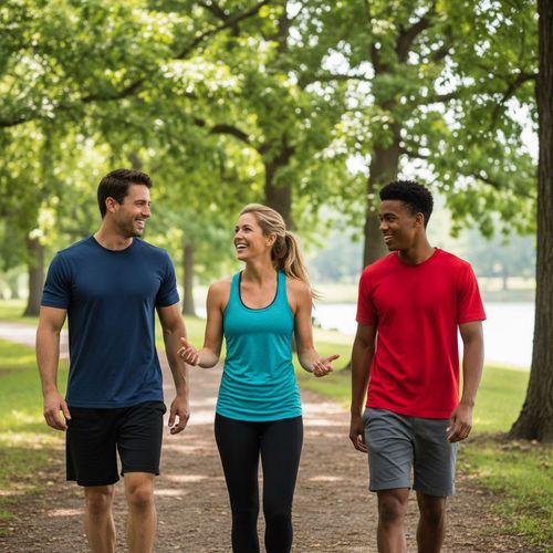 Woman in a park checks her Fitbit app on a smartphone; the coach screen shows auto-filled run stats.
