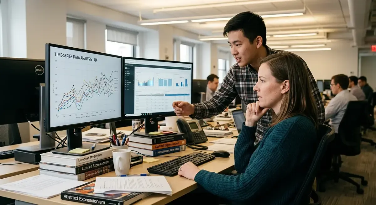 Data scientist at Sotheby's analyzing art market trends on a computer to predict auction prices.