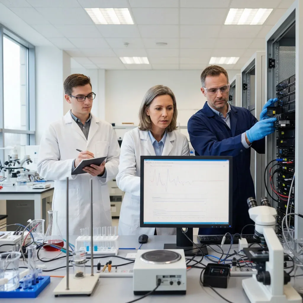 Stanford researcher in a dim lab studies glowing sleep‑data charts on multiple monitors, AI code overlay