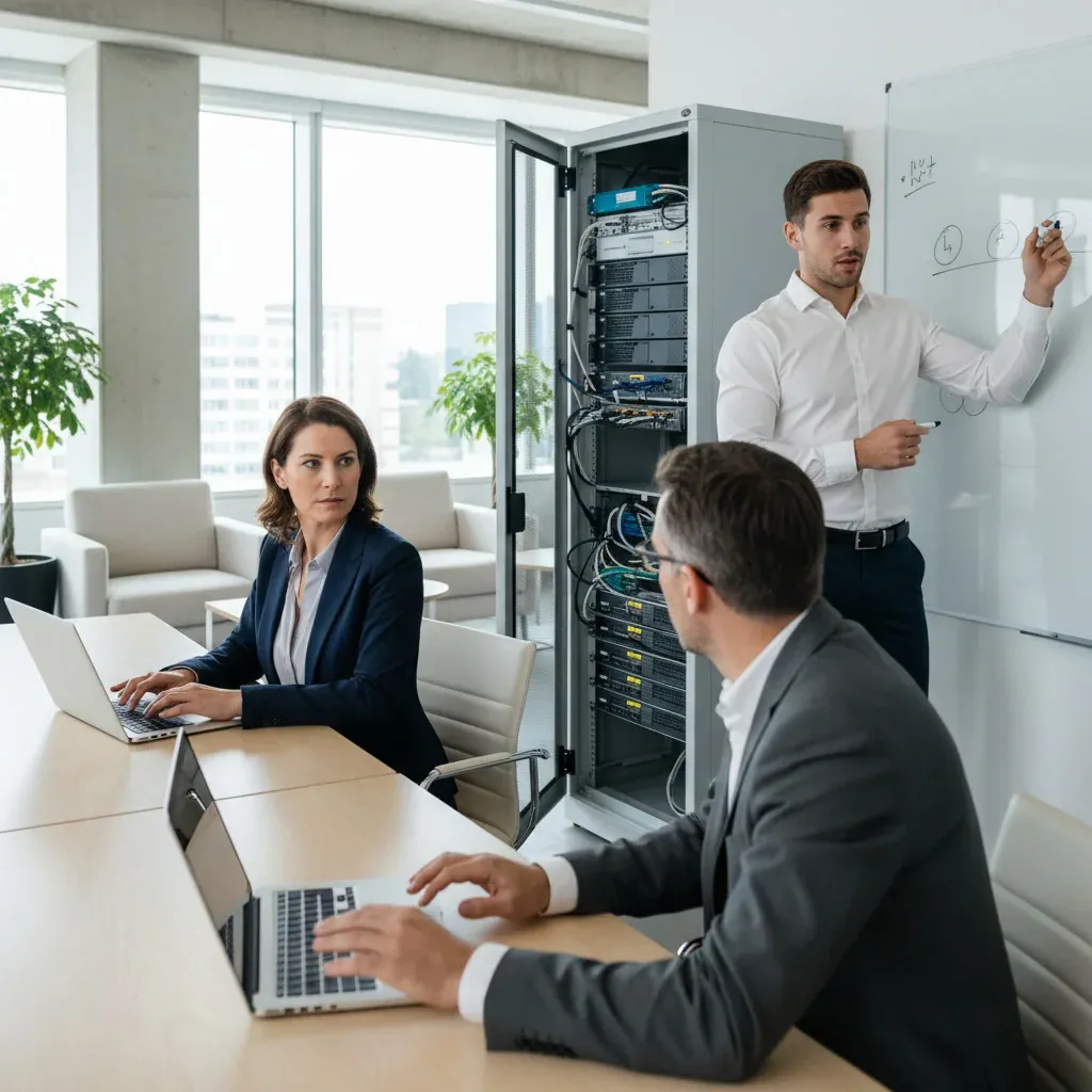 TCS and AMD executives shaking hands beside a server rack, symbolizing their partnership to speed enterprise AI deployment.