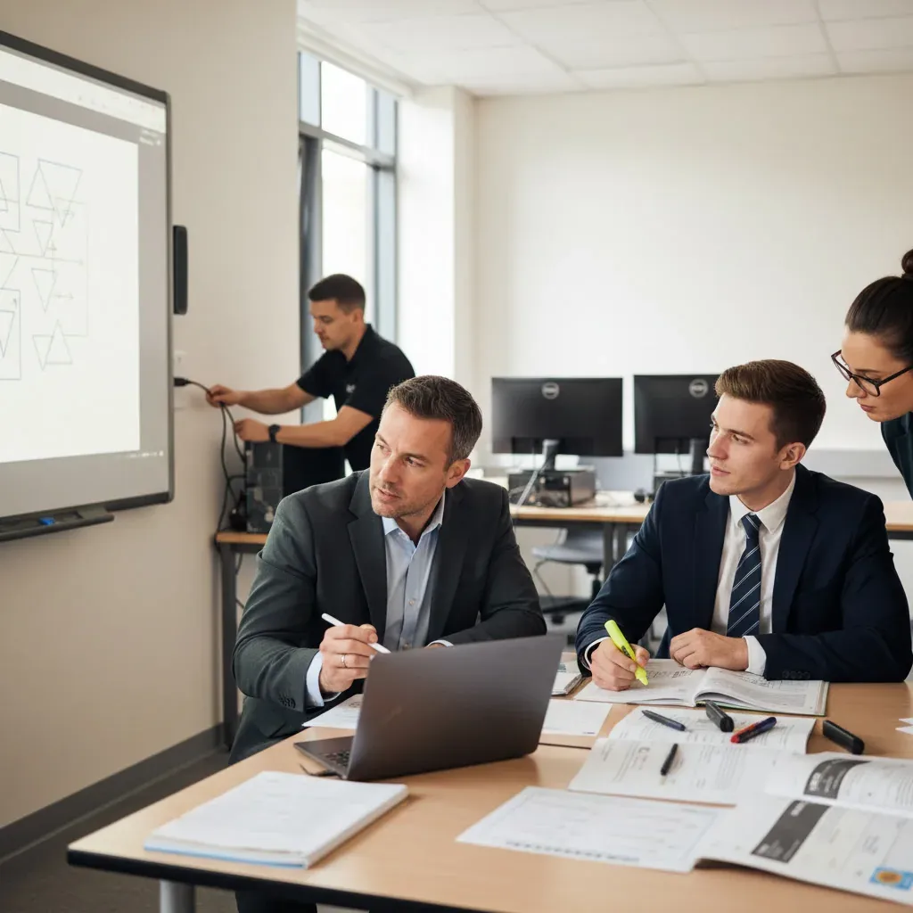 Teachers in a modern classroom using laptops and AI software, with a digital chart showing 81% adoption of AI tools.
