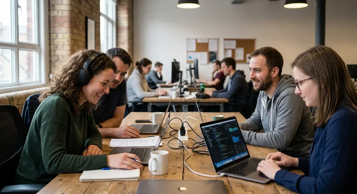 Telco engineers collaborate, building AI strategy on open models for local adaptation, using laptops and data visualizations.