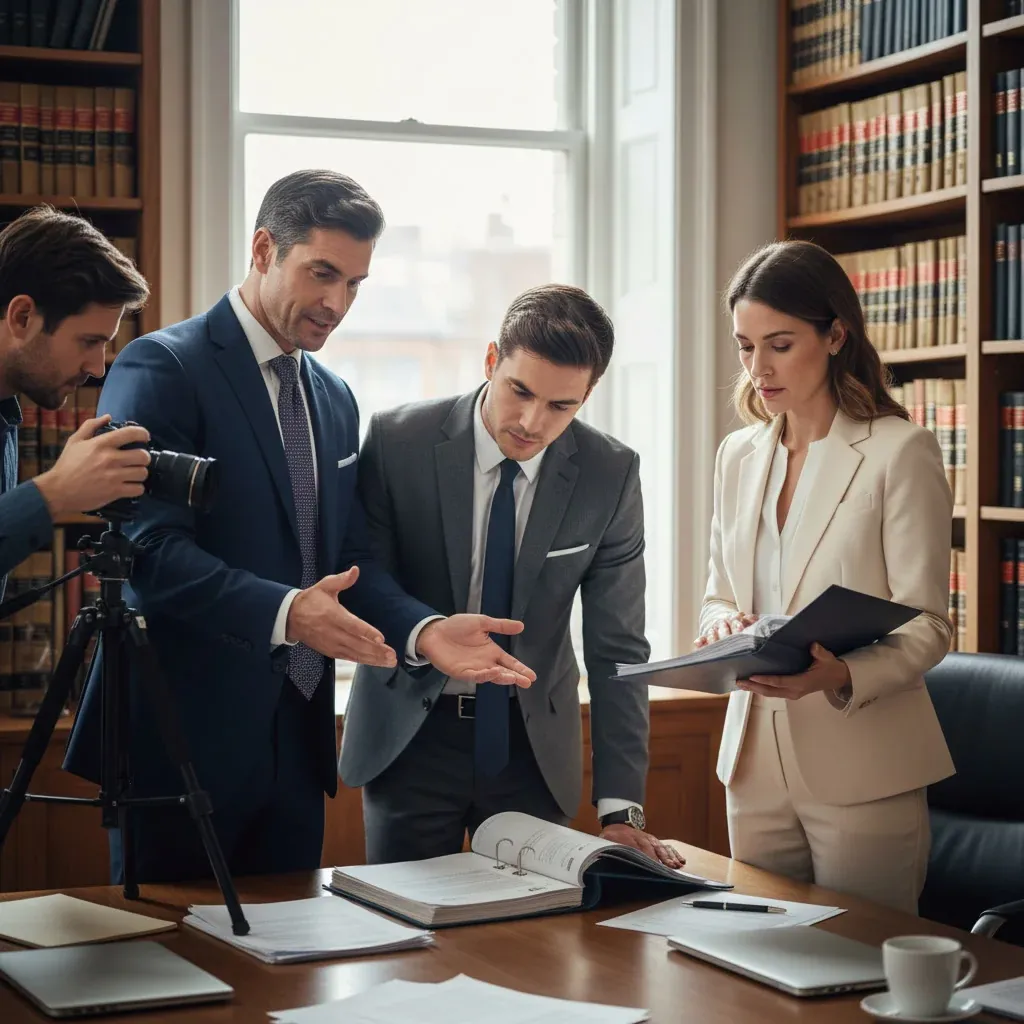 Courtroom scene with a gavel, a laptop displaying a pixelated non-consensual deepfake nude, and a British flag, symbolizing n