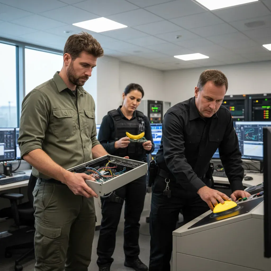 Editorial photo of a bright yellow banana with nano circuit patterns, overlaid with a viral culture feed and hashtags.