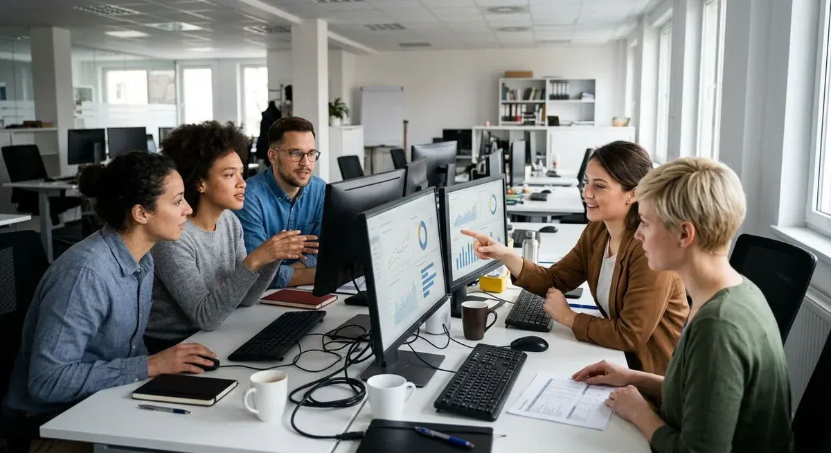 AI model cost reduction: a person at a computer, charts on screen, symbolizing 52% cost savings.